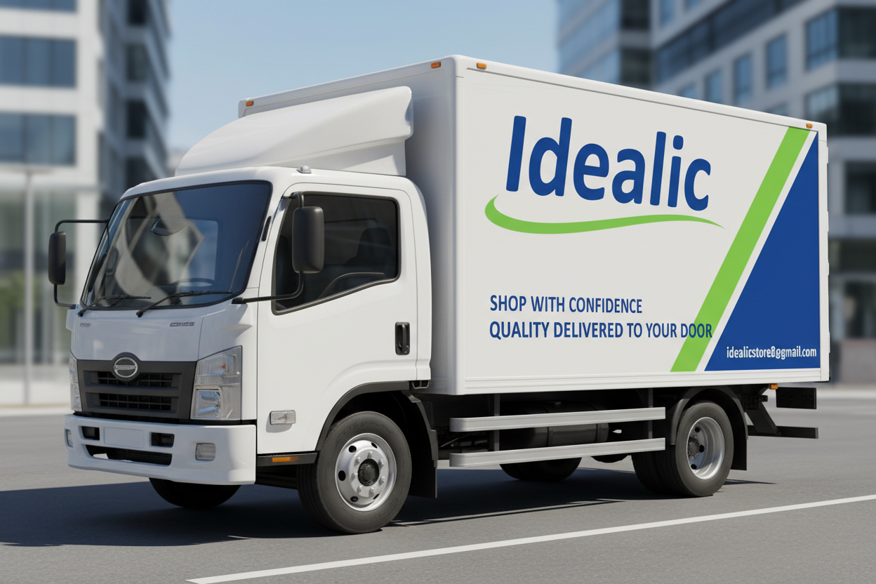 A truck or deliver truck written "idealic" as a name of a company and also written motivations to customers to buy ,with the email 'idealicstore8@gmail.com'